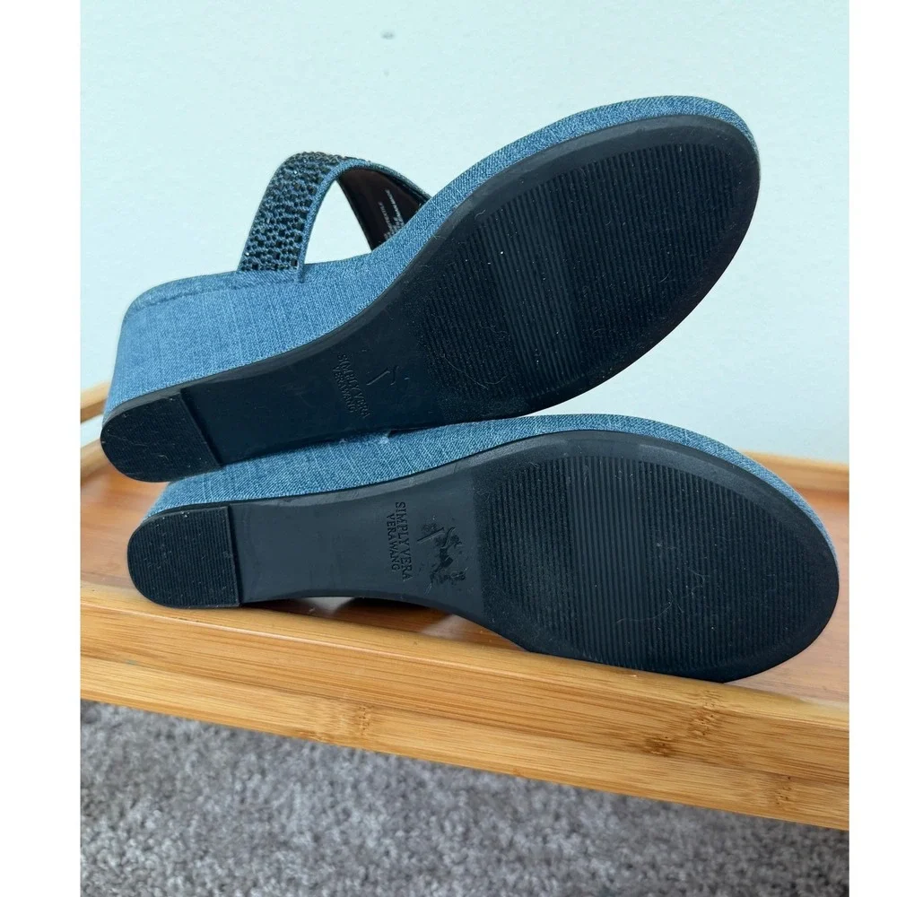 Simply Vera Vera Wang Blue Denim Rhinestone Wedge Sandals Slides Womens 8.5 M
